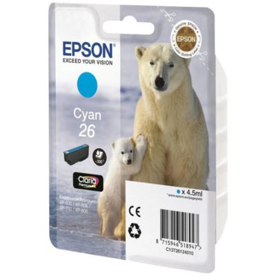 Epson Polar Bear 26 Claria Premium Ink, Ink Cartridge, Cyan Single Pack, C13T26124010